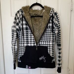 Roxy Black & White Houndstooth Faux-Fur Lined Hoodie